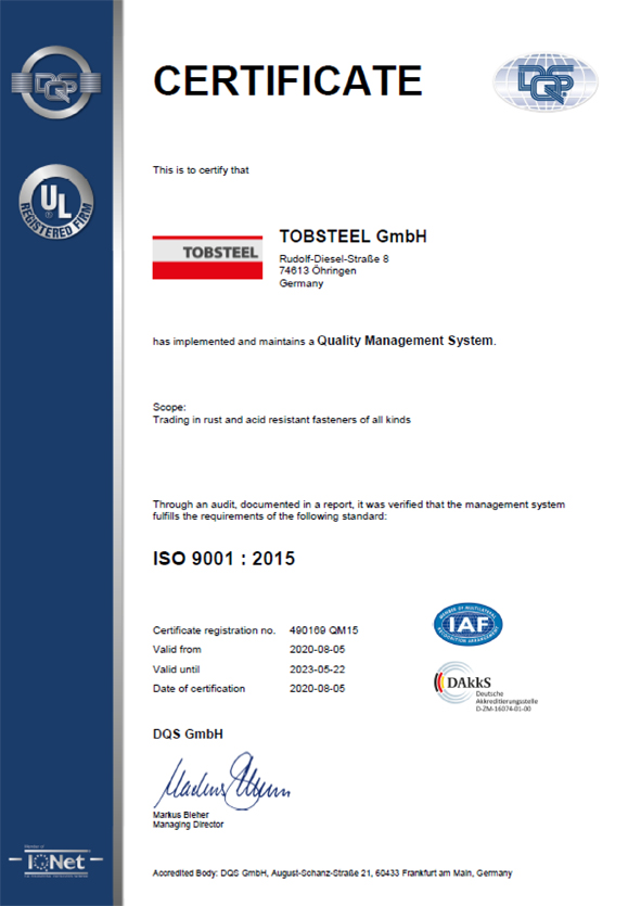 Quality certificate DIN EN ISO 9001:2015